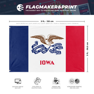 A mockup depicting custom flag specifications and measurements for 'Iowa State Flag'