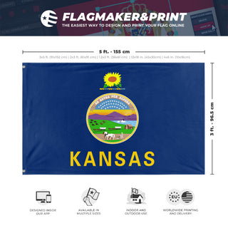 A mockup depicting custom flag specifications and measurements for 'Kansas State Flag'