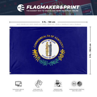 A mockup depicting custom flag specifications and measurements for 'Kentucky State Flag'