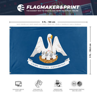 A mockup depicting custom flag specifications and measurements for 'Louisiana State Flag'