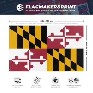 A mockup depicting custom flag specifications and measurements for 'Maryland State Flag'