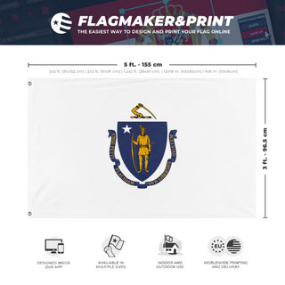 A mockup depicting custom flag specifications and measurements for 'Massachusetts State Flag'