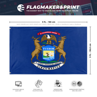 A mockup depicting custom flag specifications and measurements for 'Michigan State Flag'