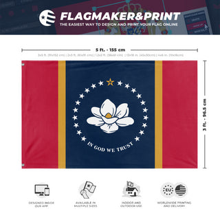 A mockup depicting custom flag specifications and measurements for 'Mississippi State Flag'