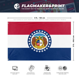 A mockup depicting custom flag specifications and measurements for 'Missouri State Flag'