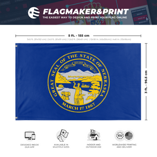 A mockup depicting custom flag specifications and measurements for 'Nebraska State Flag'