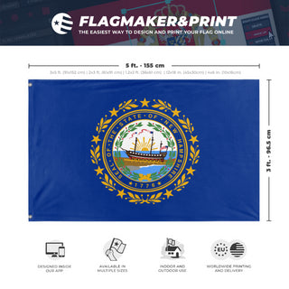 A mockup depicting custom flag specifications and measurements for 'New Hampshire State Flag'