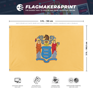 A mockup depicting custom flag specifications and measurements for 'New Jersey State Flag'