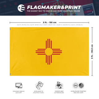 A mockup depicting custom flag specifications and measurements for 'New Mexico State Flag'