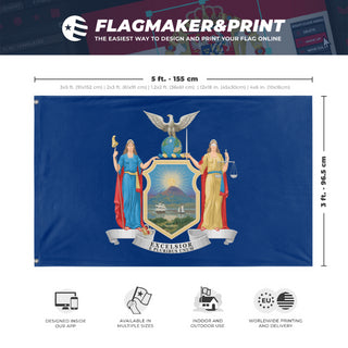 A mockup depicting custom flag specifications and measurements for 'New York State Flag'