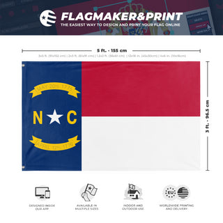 A mockup depicting custom flag specifications and measurements for 'North Carolina State Flag'