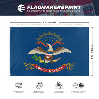 A mockup depicting custom flag specifications and measurements for 'North Dakota State Flag'