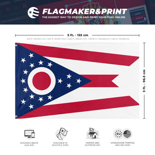 A mockup depicting custom flag specifications and measurements for 'Ohio State Flag'