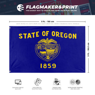 A mockup depicting custom flag specifications and measurements for 'Oregon State Flag'