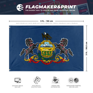 A mockup depicting custom flag specifications and measurements for 'Pennsylvania State Flag'