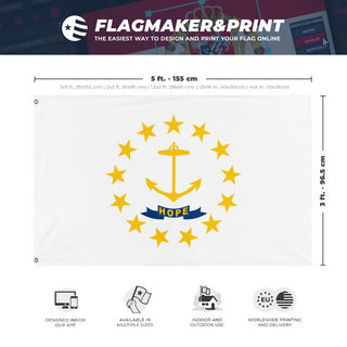 A mockup depicting custom flag specifications and measurements for 'Rhode Island State Flag'