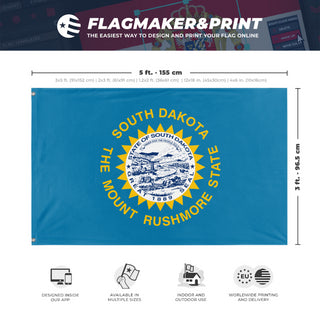 A mockup depicting custom flag specifications and measurements for 'South Dakota State Flag'