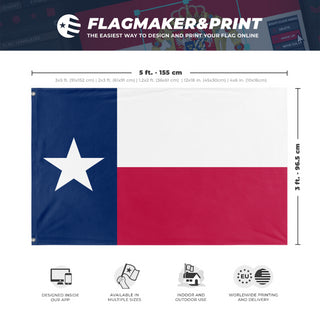 A mockup depicting custom flag specifications and measurements for 'Texas State Flag'