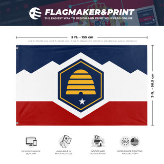 A mockup depicting custom flag specifications and measurements for 'Utah State Flag'
