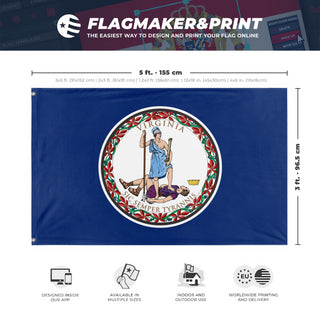 A mockup depicting custom flag specifications and measurements for 'Virginia State Flag'
