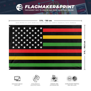 A mockup depicting custom flag specifications and measurements for 'African American Flag'