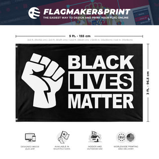 A mockup depicting custom flag specifications and measurements for 'Black Lives Matter Flag'