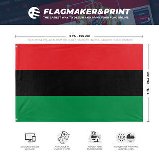A mockup depicting custom flag specifications and measurements for 'Pan-African Flag'