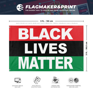 A mockup depicting custom flag specifications and measurements for 'Pan-African Black Lives Matter Flag'
