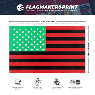 A mockup depicting custom flag specifications and measurements for 'Pan-African Black Lives Matter Flag'
