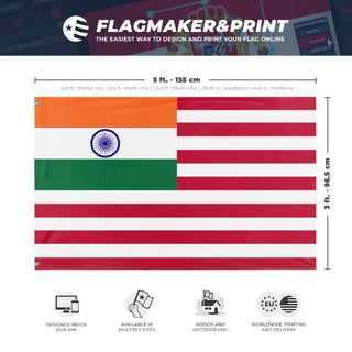 A mockup depicting custom flag specifications and measurements for 'Indian American Heritage Flag'