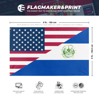 A mockup depicting custom flag specifications and measurements for 'Salvadoran American Heritage Flag'