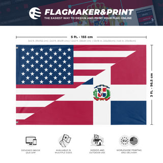 A mockup depicting custom flag specifications and measurements for 'Dominican American Heritage Flag'