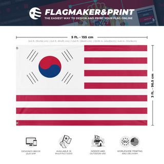A mockup depicting custom flag specifications and measurements for 'Korean American Heritage Flag'