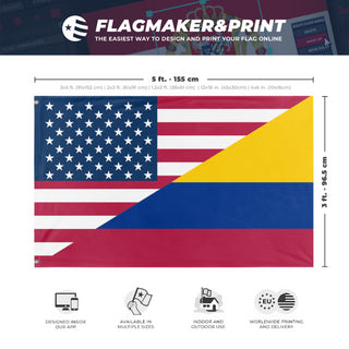 A mockup depicting custom flag specifications and measurements for 'Colombian American Heritage Flag'