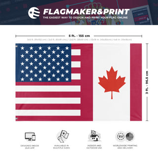 A mockup depicting custom flag specifications and measurements for 'Canadian American Heritage Flag'