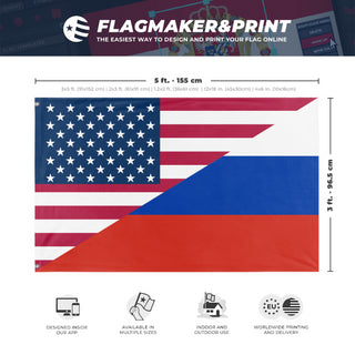 A mockup depicting custom flag specifications and measurements for 'Russian American Heritage Flag'