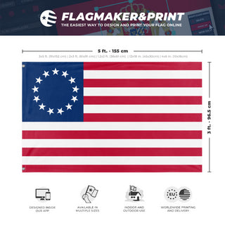 A mockup depicting custom flag specifications and measurements for 'Betsy Ross Flag'