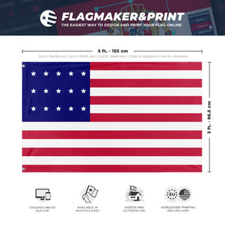 A mockup depicting custom flag specifications and measurements for '15-Star Flag'