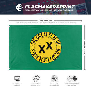A mockup depicting custom flag specifications and measurements for 'State of Jefferson flag'