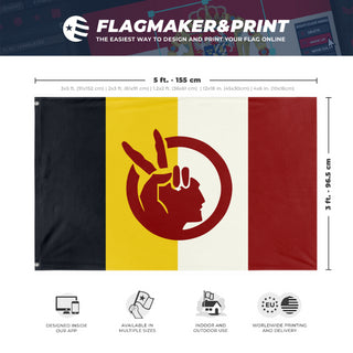 A mockup depicting custom flag specifications and measurements for 'American Indian Movement Flag'