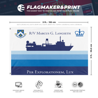 A mockup depicting custom flag specifications and measurements for 'MGL Expedition Flag v2 flag'