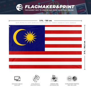 A mockup depicting custom flag specifications and measurements for 'Malaysia flag'