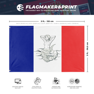 A mockup depicting custom flag specifications and measurements for 'Belle Poule flag'
