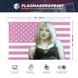 A mockup depicting custom flag specifications and measurements for 'courtney love flag'