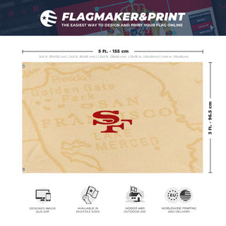 A mockup depicting custom flag specifications and measurements for '9ers flag'