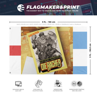 A mockup depicting custom flag specifications and measurements for 'T flag'