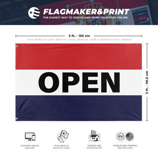A mockup depicting custom flag specifications and measurements for 'Open Flag'