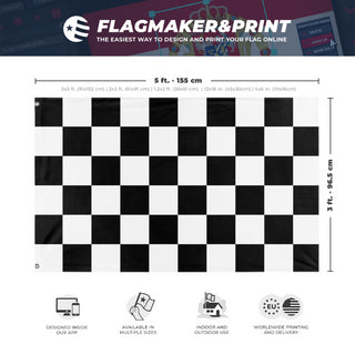 A mockup depicting custom flag specifications and measurements for 'Black and white Checkered Racing Flag'