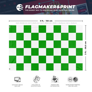 A mockup depicting custom flag specifications and measurements for 'Green and White Checkered flag'
