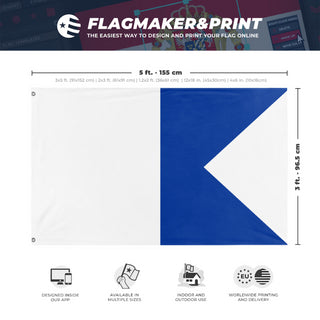 A mockup depicting custom flag specifications and measurements for 'Alfa Signal Flag'